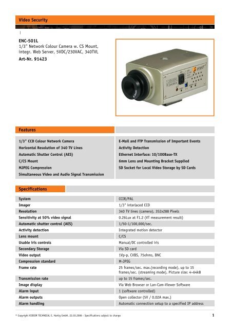 Video Security ENC-501L 1/3" Network Colour Camera w. CS Mount ...