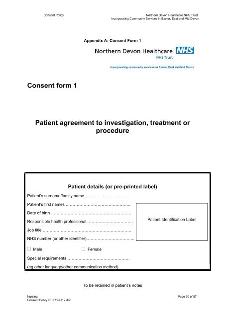 Consent form 1 Patient agreement to investigation, treatment or ...