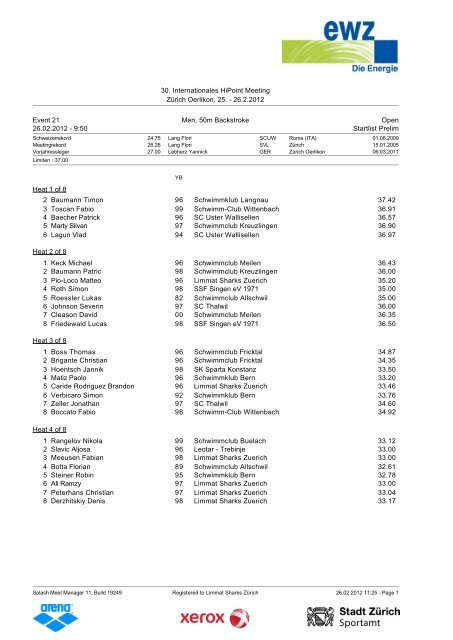 Startlist - Schwimmverein Limmat (SVL)