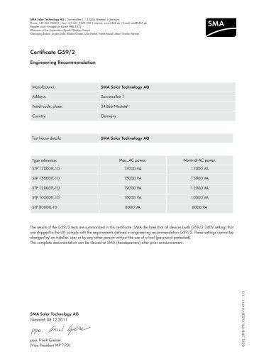 Sunny Tripower 8000-17000TL G59-2 Certificate - Wind & Sun Ltd.