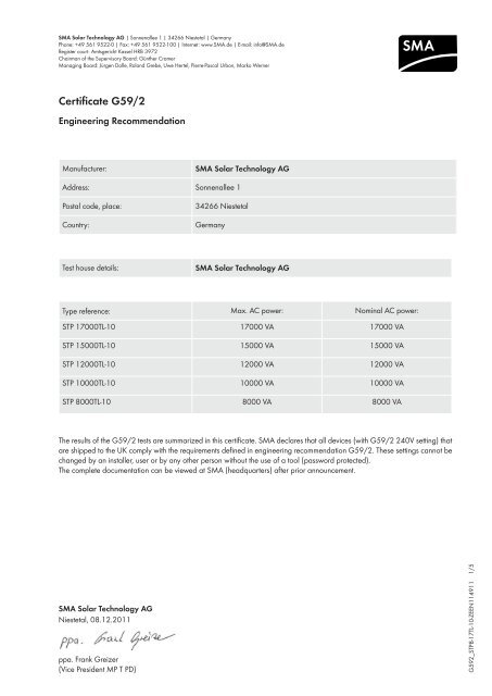 Sunny Tripower 8000-17000TL G59-2 Certificate - Wind & Sun Ltd.