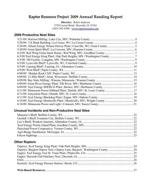 2009 Productive Nest Sites - Midwest Peregrine Falcon Restoration ...