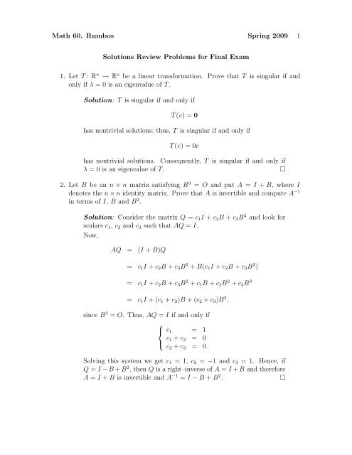 Math 60. Rumbos Spring 2009 1 Solutions Review Problems for ...