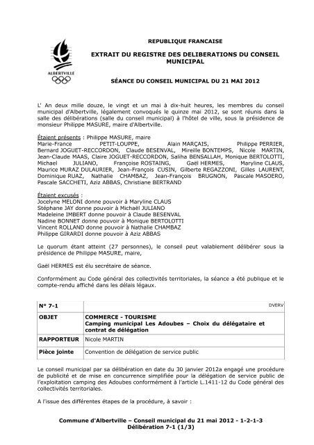 EXTRAIT DU REGISTRE DES DELIBERATIONS ... - Ville d'Albertville