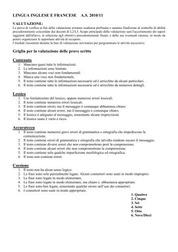 Criteri di Valutazione di Lingua Francese e Inglese - Comune di ...