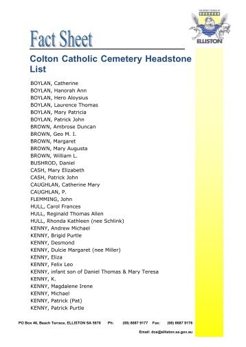 Colton Catholic Cemetery Headstone List - SA.gov.au