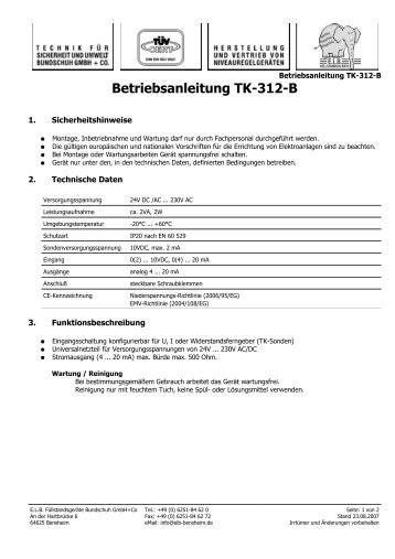 Betriebsanleitung TK-312-B - E.L.B. Füllstandsgeräte Bundschuh ...
