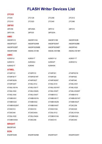 FLASH Writer Devices List
