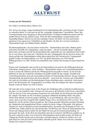 Lernen aus der Finanzkrise Ein Artikel von Ottmar Beck (Alltrust AG ...