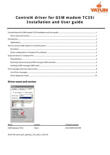 Control4 driver for GSM modem TC35i Installation and User ... - yatun