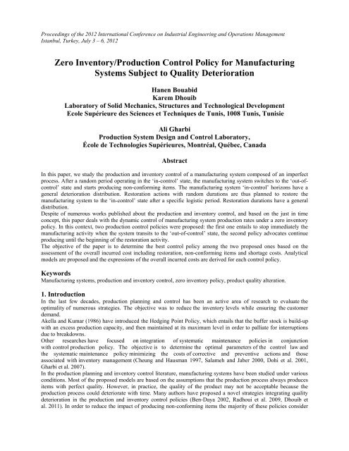 Zero Inventory/Production Control Policy for Manufacturing Systems ...