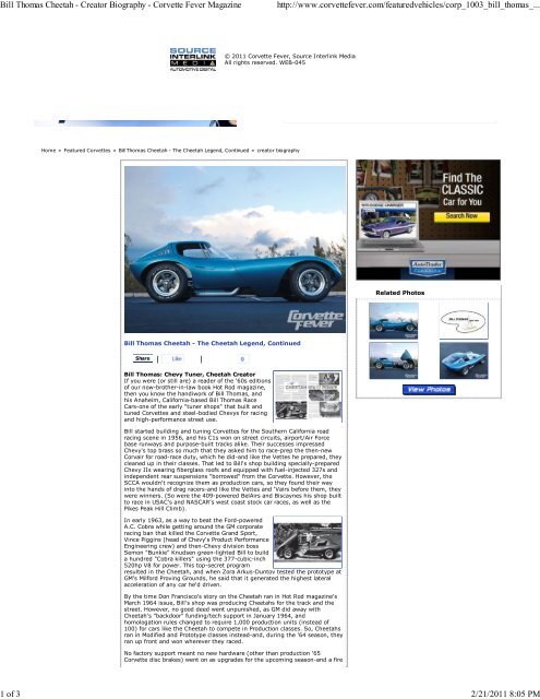 Bill Thomas Cheetah - Creator Biography - Corvette Fever Magazine