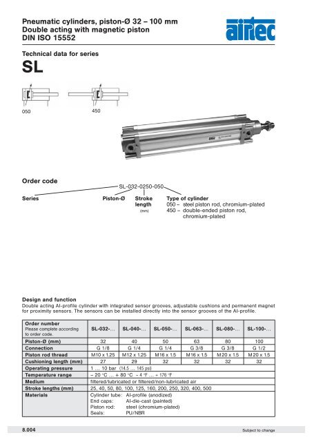 Pneumatic cylinders, piston-Ã 32 â 100 mm Double acting with ...