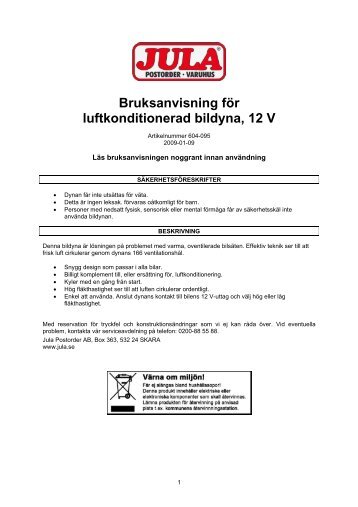 Bruksanvisning fÃƒÂ¶r luftkonditionerad bildyna, 12 V - Jula