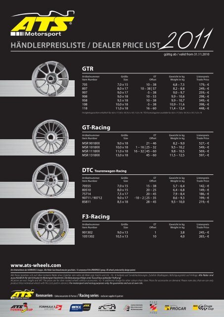 HÄNDLERPREISLISTE / DEALER PRICE LIST