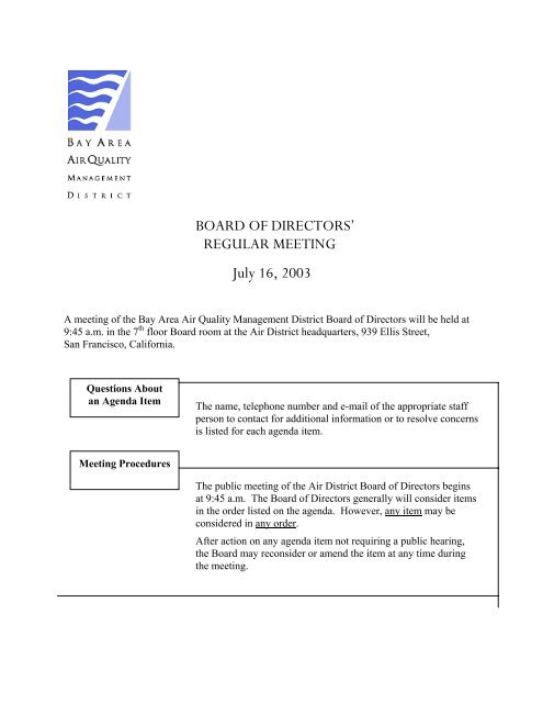 board of directors' regular meeting agenda - Bay Area Air Quality ...