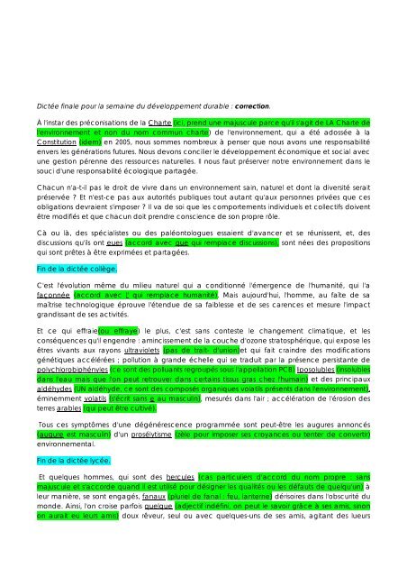 Dictée finale pour la semaine du développement durable (Version 3 ...