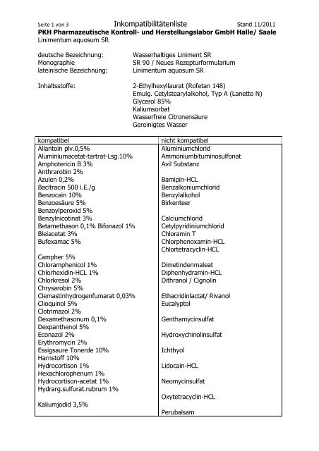 Inkompatibilitätenliste Linimentum aquosum SRx - PKH Halle