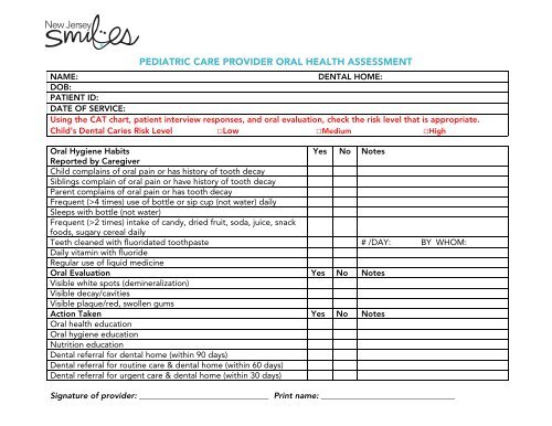 A Pediatric Care Provider Oral Health Assessment Form