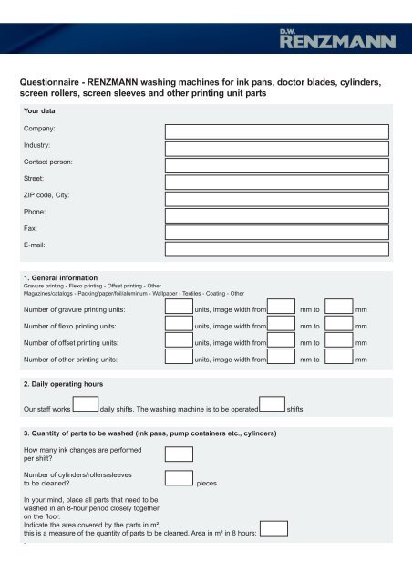 Questionnaire - RENZMANN washing machines for ink pans, doctor ...