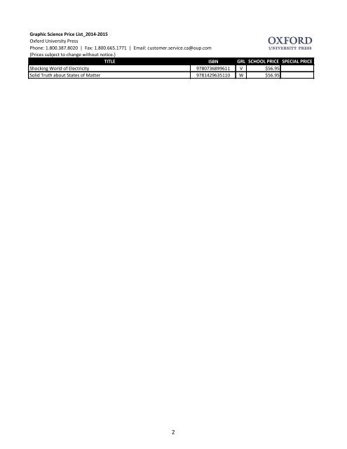 Graphic Science Price List - Oxford University Press