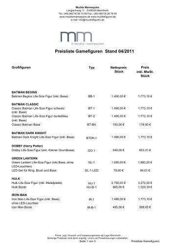 Preisliste Gamefiguren Stand 04/2011 - mucklefiguren
