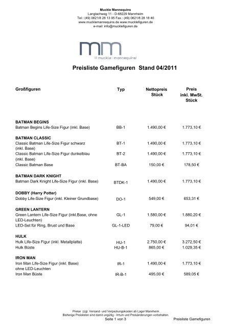 Preisliste Gamefiguren Stand 04/2011 - mucklefiguren