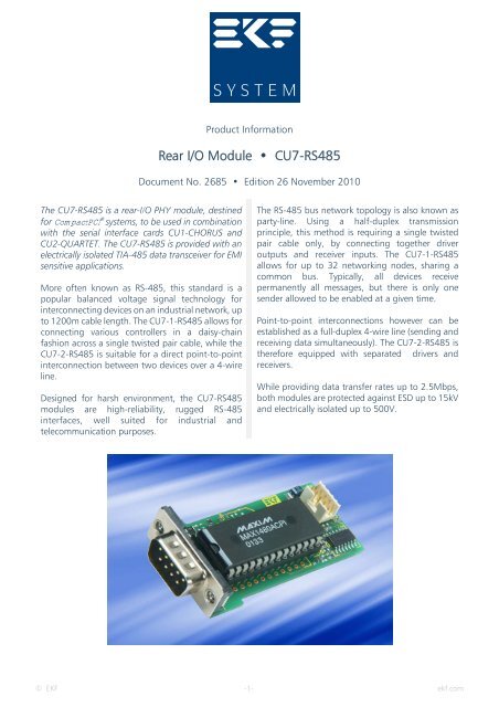 Rear I/O Module • CU7-RS485 - Ekf