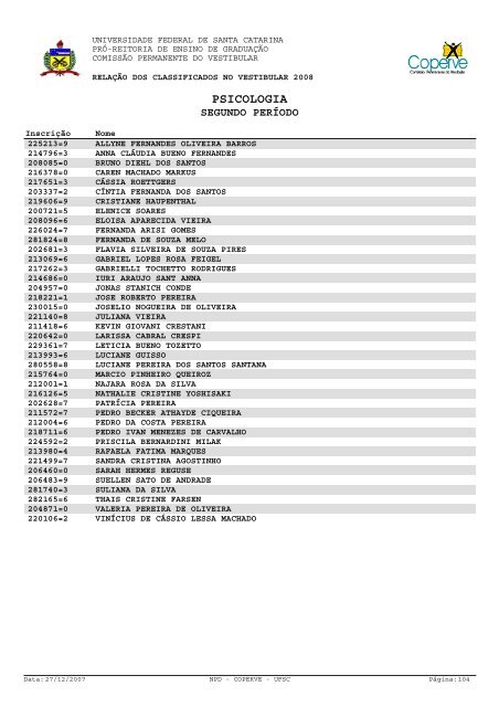 lista dos classificados.pdf - Vestibular UFSC/2008 - Universidade ...