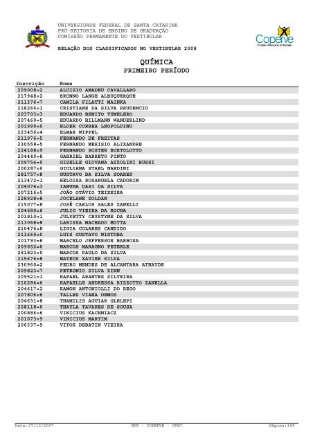 lista dos classificados.pdf - Vestibular UFSC/2008 - Universidade ...