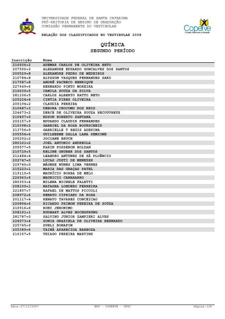 lista dos classificados.pdf - Vestibular UFSC/2008 - Universidade ...