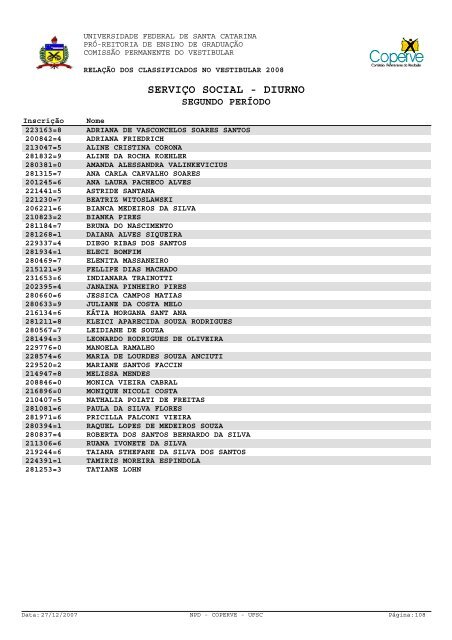 lista dos classificados.pdf - Vestibular UFSC/2008 - Universidade ...