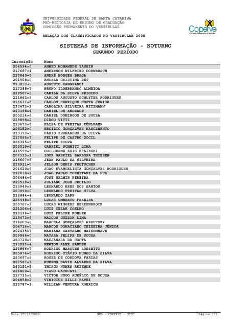 lista dos classificados.pdf - Vestibular UFSC/2008 - Universidade ...