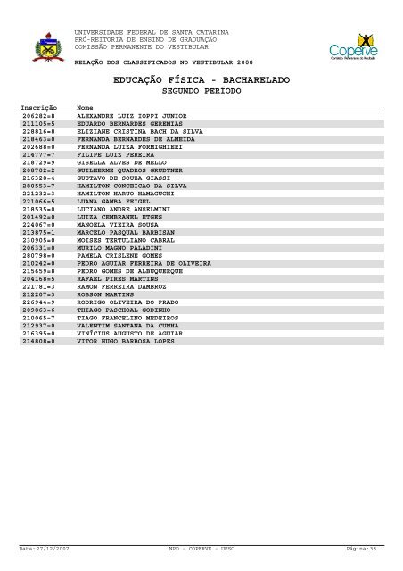 lista dos classificados.pdf - Vestibular UFSC/2008 - Universidade ...