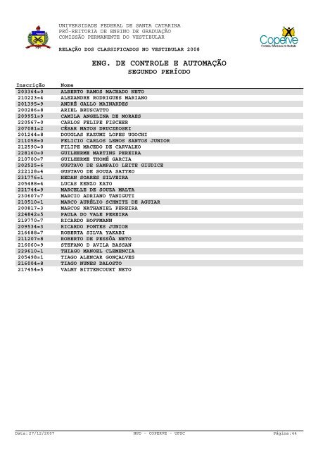 lista dos classificados.pdf - Vestibular UFSC/2008 - Universidade ...