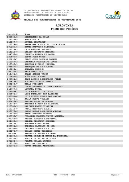 lista dos classificados.pdf - Vestibular UFSC/2008 - Universidade ...