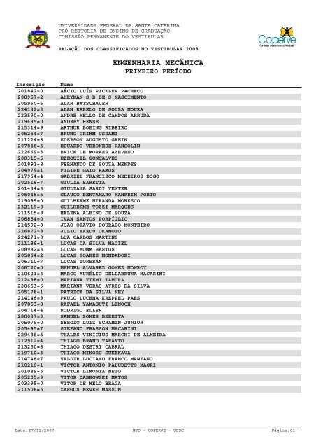 lista dos classificados.pdf - Vestibular UFSC/2008 - Universidade ...