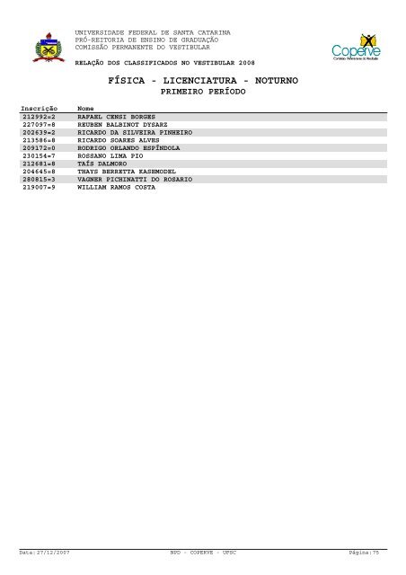lista dos classificados.pdf - Vestibular UFSC/2008 - Universidade ...