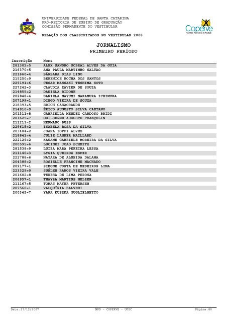 lista dos classificados.pdf - Vestibular UFSC/2008 - Universidade ...