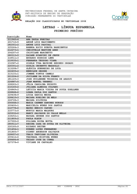 lista dos classificados.pdf - Vestibular UFSC/2008 - Universidade ...