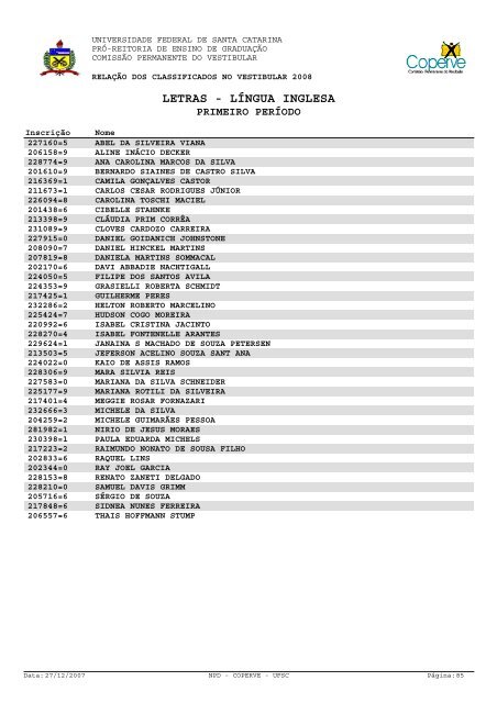 lista dos classificados.pdf - Vestibular UFSC/2008 - Universidade ...