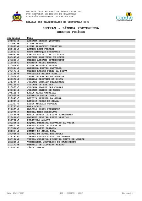 lista dos classificados.pdf - Vestibular UFSC/2008 - Universidade ...