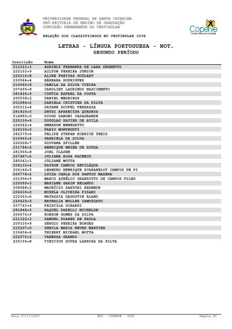 lista dos classificados.pdf - Vestibular UFSC/2008 - Universidade ...