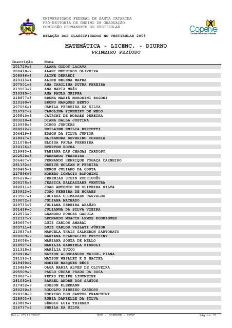 lista dos classificados.pdf - Vestibular UFSC/2008 - Universidade ...