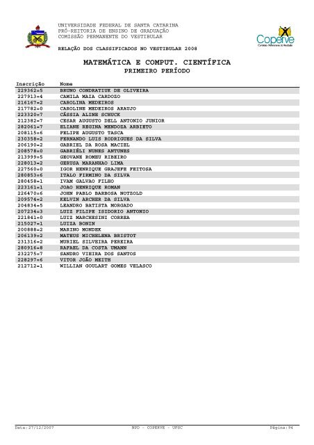 lista dos classificados.pdf - Vestibular UFSC/2008 - Universidade ...