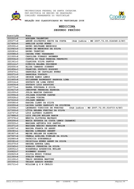 lista dos classificados.pdf - Vestibular UFSC/2008 - Universidade ...