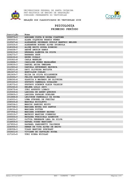 lista dos classificados.pdf - Vestibular UFSC/2008 - Universidade ...