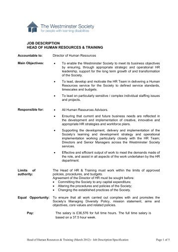 job description head of human resources & training - Westminster ...