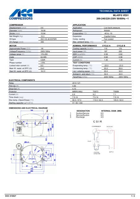 TECHNICAL DATA SHEET ML45FG VE01 200-240/220-230V 50 ...