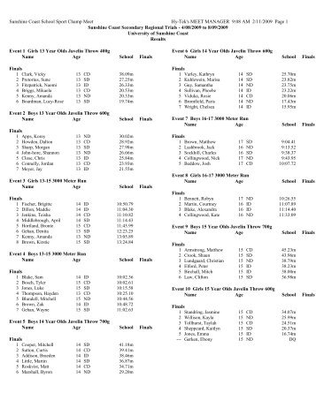 Sunshine Coast School Sport Regional Trial Results